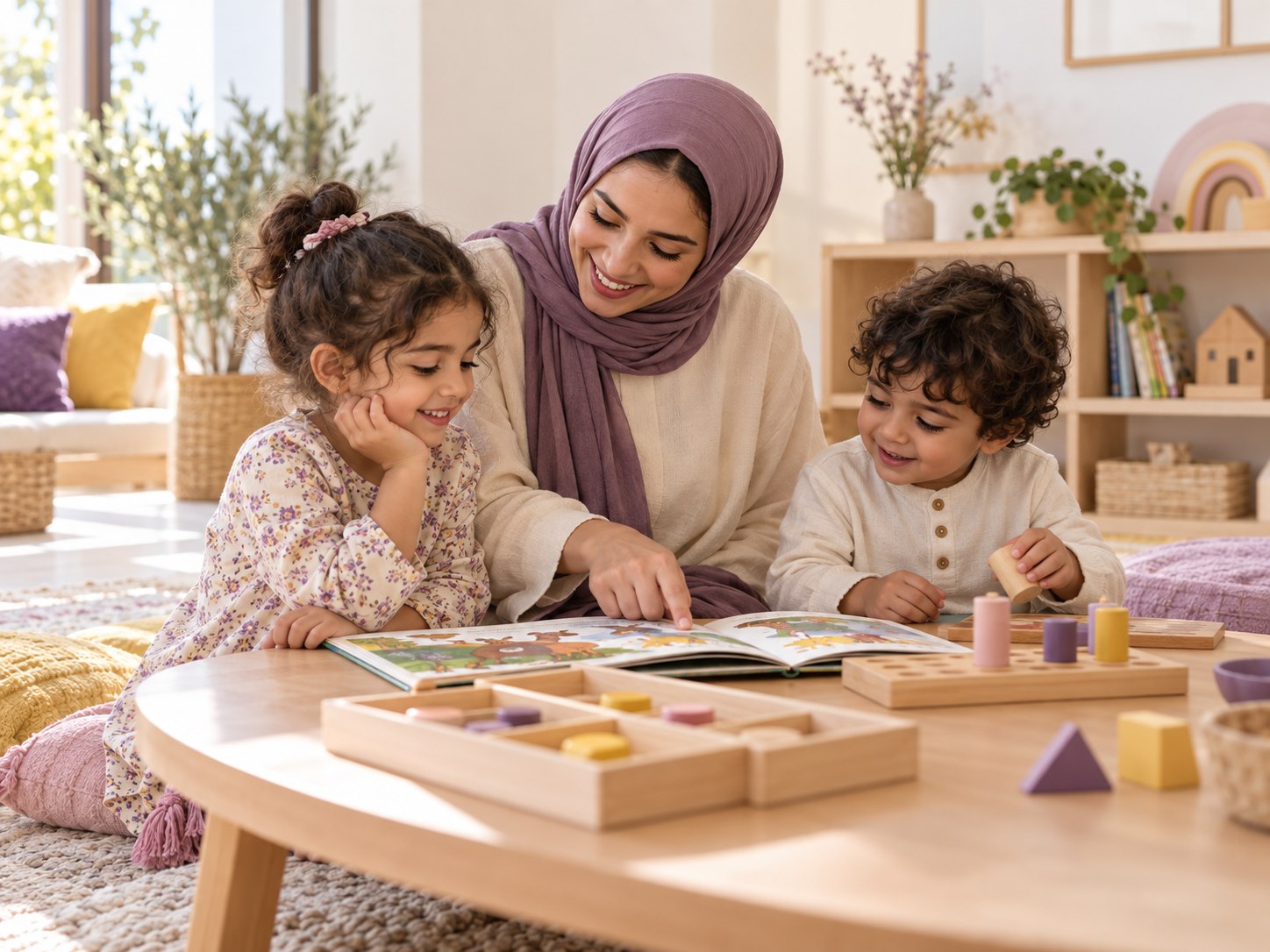 أم سعيدة تتعلم وتلعب مع طفليها في البيت